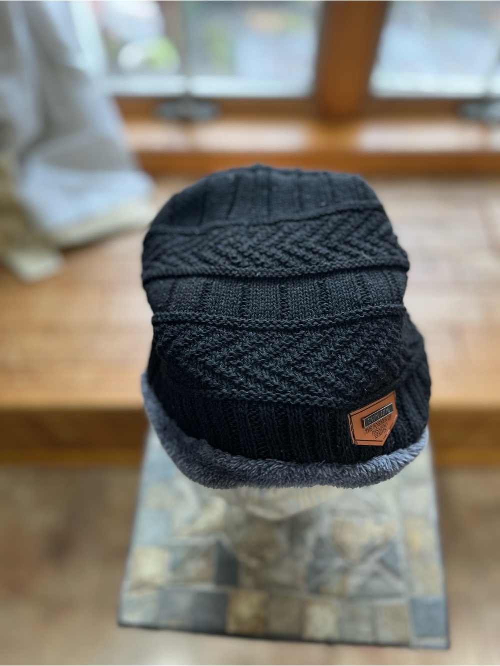 Men's Black Knit Beanie with Faux Fur Trim